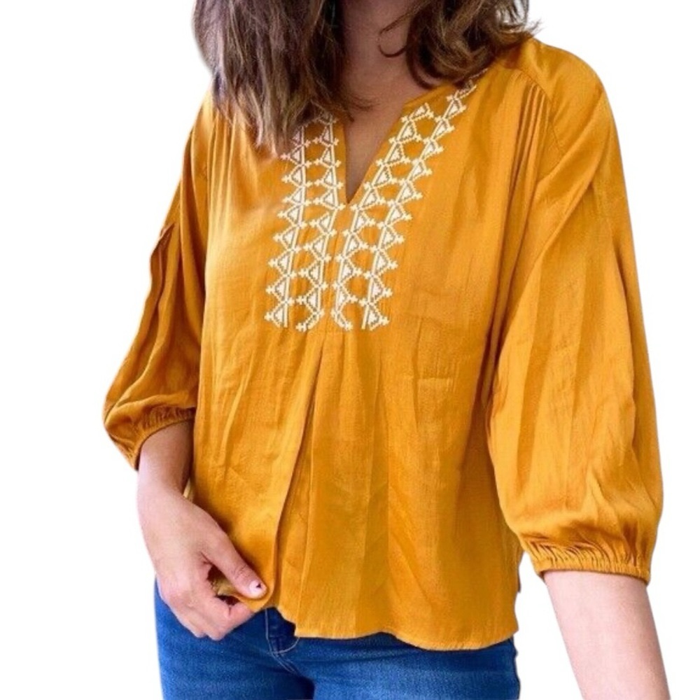 Anthropologie Dolan Alvia Yellow Peasant Embroidered Puff Sleeve Top – Size XS